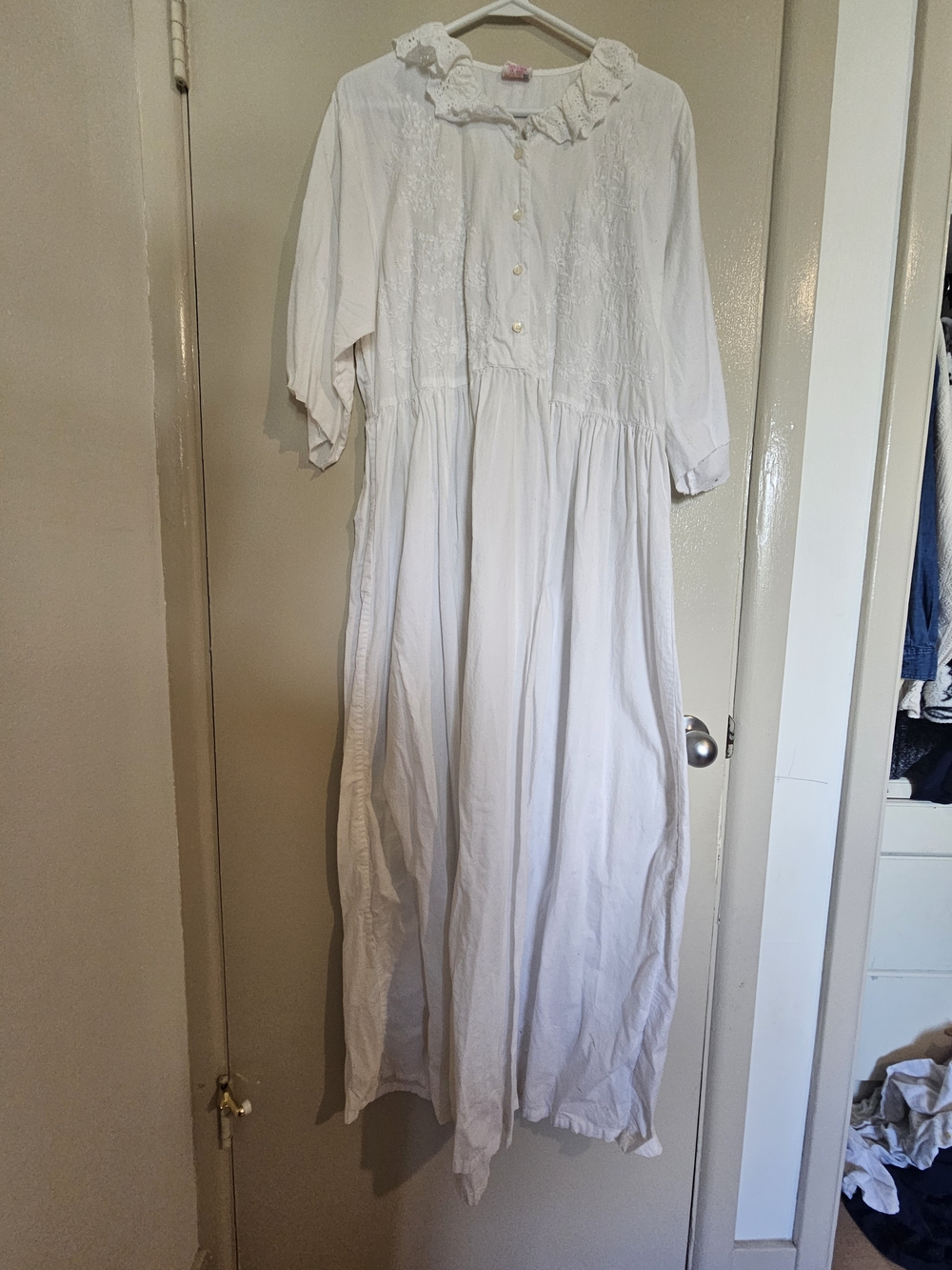April Cornell White Ruffled Collar Maxi Dress